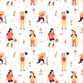 Sports girls minimalistic cartoon style vector seamless pattern