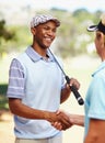 Sports, golf and athletes shaking hands on a field for competition, tournament or event. Smile, agreement and Royalty Free Stock Photo