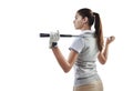 Sports, golf and back of woman in a studio with an iron, metal or steel club equipment for a game. Fitness, glove and Royalty Free Stock Photo