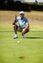 Sports, golf hole and black man on course for playing game, practice and training for competition. Recreation, golfer Royalty Free Stock Photo