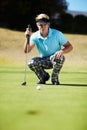 Sports, golf hole and man on course for playing game, practice and training for competition. Recreation, golfer and Royalty Free Stock Photo