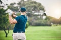Sports, golf and man swing driver on field for exercise, training or workout match. Fitness, golfing course and male Royalty Free Stock Photo