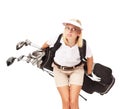 Sports, golf and woman in a studio with clubs for exercise, training or golfing motivation. Fitness, athlete and female Royalty Free Stock Photo