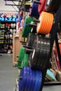 Sports goods sale in store,colorful weight plates.Healthy lifestyle concept,sports training.Close-up colorfull barbell plates