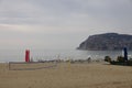 Sports grounds on a deserted beach against the backdrop of the sea and rocks, evening, Alanya, Turkey, October 2021