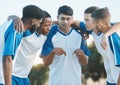 Sports group, soccer and team talking and planning on field for fitness training or competition. Football player, club Royalty Free Stock Photo