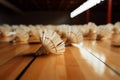 Sports halls wooden surface hosts a collection of shuttlecocks for play Royalty Free Stock Photo