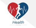 Sports and health. An athlete on the background of a heart with a cardiogram. Flat style