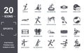 sports icon set. include creative elements as jumping ski, baseball helmet, squash, drift car, man threating with his fist,