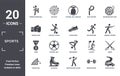 sports icon set. include creative elements as person kicking ball with the knee, dartboard with dart, man sprinting, breakdance,