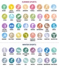 Summer and winter sports icons. Vector isolated pictograms on bright colorful round backgrounds with the names of sports disciplin Royalty Free Stock Photo