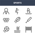 9 sports icons pack. trendy sports icons on white background. thin outline line icons such as net, cricket bat, squats . sports Royalty Free Stock Photo