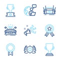 Sports icons set. Included icon as Sports arena, Reward, Winner cup signs. Vector