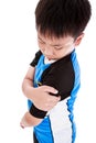 Sports injure. Asian child injured at shoulder. Isolated on whit Royalty Free Stock Photo