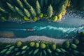 A sports kayak floats on a mountain river, top view. Generative ai