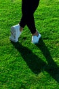 Sports Legs of young athletic woman in dark tights and light sneakers stay or walking along path among dense green grass in train Royalty Free Stock Photo