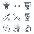 sports line icons. linear set. quality vector line set such as golf flag, ping pong, rugby ball, award, baseball bat, cricket bat