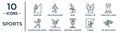 sports linear icon set. includes thin line adventure, skiing, tower from a chess set, skiing down hill, climber, two judo fighters