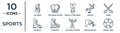 sports linear icon set. includes thin line left bend, weight lifting medal, saber, ice skates, man falling off a precipice,