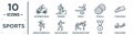 sports linear icon set. includes thin line motorbike riding, wushu, flying shoes, karate fighter, third, scuba diving, person