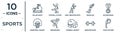 sports linear icon set. includes thin line roller skate, man threating with his fist, golden medal, breakdance, weighted bars,