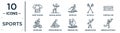 sports linear icon set. includes thin line short sleeves, water ski, starting line, person riding on sleigh, amonestation,