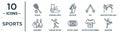 sports linear icon set. includes thin line squash, biathlon, man practicing high jump, dancing motion, soccer player number four,