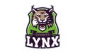 Sports logo with lynx mascot. Colorful sport emblem with lynx, bobcat mascot and bold font on shield background. Logo Royalty Free Stock Photo