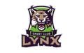 Sports logo with lynx mascot. Colorful sport emblem with lynx, bobcat mascot and bold font on shield background. Logo Royalty Free Stock Photo