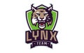 Sports logo with lynx mascot. Colorful sport emblem with lynx, bobcat mascot and bold font on shield background. Logo Royalty Free Stock Photo