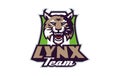 Sports logo with lynx mascot. Colorful sport emblem with lynx, bobcat mascot and bold font on shield background. Logo Royalty Free Stock Photo