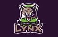 Sports logo with lynx mascot. Colorful sport emblem with lynx, bobcat mascot and bold font on shield background. Logo Royalty Free Stock Photo