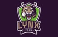 Sports logo with lynx mascot. Colorful sport emblem with lynx, bobcat mascot and bold font on shield background. Logo Royalty Free Stock Photo