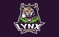 Sports logo with lynx mascot. Colorful sport emblem with lynx, bobcat mascot and bold font on shield background. Logo Royalty Free Stock Photo