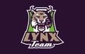 Sports logo with lynx mascot. Colorful sport emblem with lynx, bobcat mascot and bold font on shield background. Logo Royalty Free Stock Photo