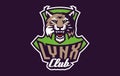 Sports logo with lynx mascot. Colorful sport emblem with lynx, bobcat mascot and bold font on shield background. Logo Royalty Free Stock Photo