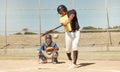 Sports man, field and baseball player strike ball in game competition, practice or bat training workout. Softball pitch Royalty Free Stock Photo