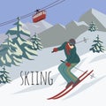 Sports man riding a winter ski on snow slope on background ski resort in mountains and ski lift. Vector flat