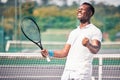 Sports man, tennis court and yes gesture for match success or competition achievement. Tennis player, winner and workout Royalty Free Stock Photo