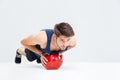 Sports man working out with fitness ball Royalty Free Stock Photo