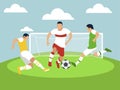 Sports match, men play football. In minimalist style Cartoon flat raster