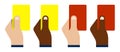 Sports match referee hand showing red and yellow card for player breaking rules. Team game of soccer, football. Compliance with