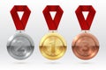 Sports medals. Golden silver bronze medal with red ribbon. Champion winner awards of honor vector isolated template Royalty Free Stock Photo