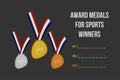 Sports medals. Golden silver bronze medal with ribbon.