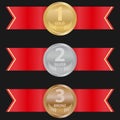 Sports medals with a red ribbon on a black background. A set of gold, silver and bronze sports medals.