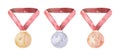 Sports medals. Watercolor golden silver bronze medal with red ribbon. Champion winner awards of honor isolated template Royalty Free Stock Photo