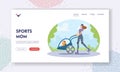 Sports Mom Landing Page Template. Young Roller Woman with Child in Stroller Riding in City Park. Active Mother with Baby