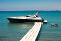 Sports motor yacht at the pier. Beautiful boat on a background of blue sky and sea. Royalty Free Stock Photo