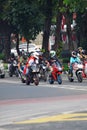 Sports motorcycles during the annual rally with blurred object. Jakarta, Indonesia, August 19, 2021