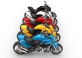 Sports motorcycles in a row - top view